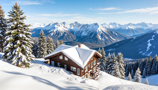 Snow-covered mountain chalet in alpine landscape, winter serenity
