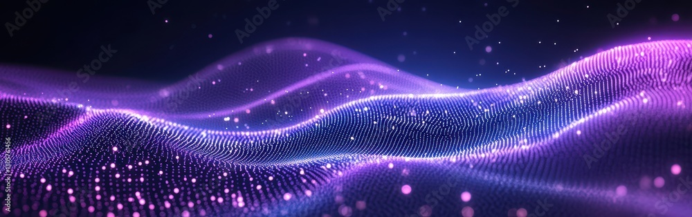 Aufkleber abstract digital landscape with flowing waves of vibrant purple and blue light particles creating a 