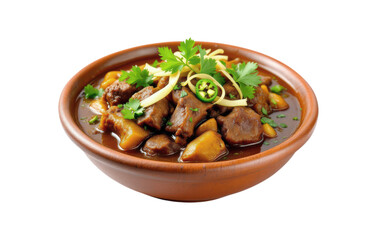 Traditional Mexican Beef and Potato Stew with Jalapenos and Fresh Cilantro in Rustic Clay Bowl Isolated on Transparent and White Background