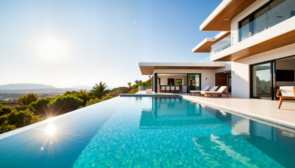 Fototapeta premium Elegant contemporary villa with infinity pool, luxury lifestyle concept