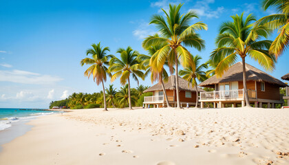 Fototapeta premium Tropical beachfront resort cabanas under clear skies, paradise escape