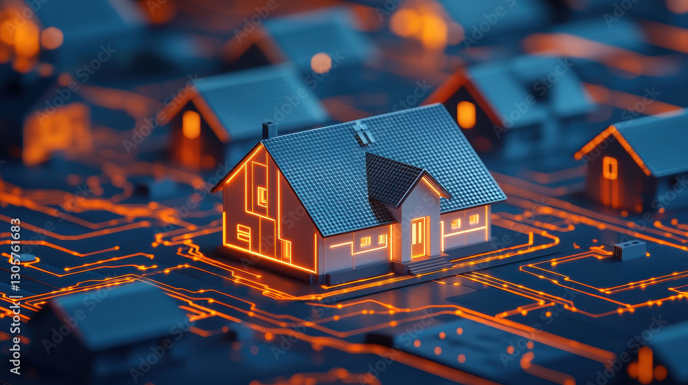 Poster futuristic house model illuminated with orange lines on digital circuit board, symbolizing smart con