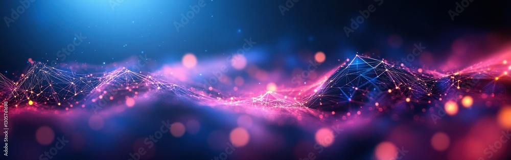 Poster abstract digital landscape with glowing lines and particles in vibrant colors, representing technolo