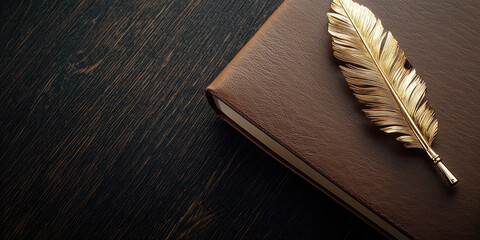 Gold feather pen and leather bound book. A creative concept of a recognized author, an award to the writer