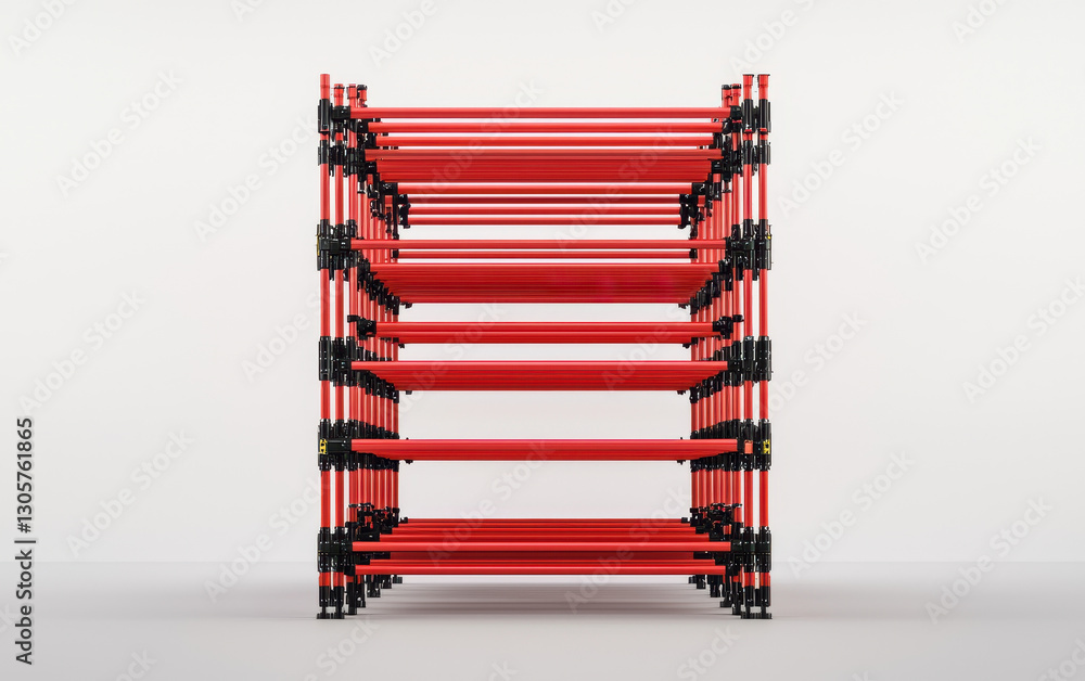 Poster sturdy red scaffolding system designed for construction projects, showcasing advanced engineering an