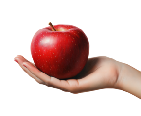 Hand holding a fresh red apple food minimalistic view healthy eating concept isolated on transparent background