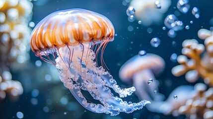 Obraz premium Ethereal jellyfish with luminous orange and blue hues, surrounded by sparkling bubbles and colorful reef fish, drifting through tranquil waters