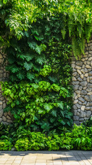 Naklejka premium Vertical garden with tropical plants growing on stone wall, creating a vibrant and natural backdrop in an urban setting