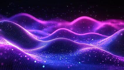 Abstract digital landscape with vibrant purple and blue waves illuminated by glowing particles in a dark atmosphere, showcasing futuristic and dynamic forms.