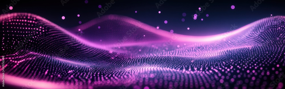 Poster abstract digital wave background with glowing dots, vibrant purple and pink hues, creating a mesmeri