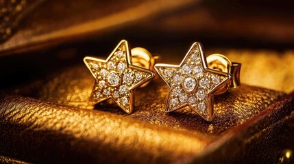 Gold star earrings with diamonds, resting on a vintage-style jewelry box under warm golden lighting.