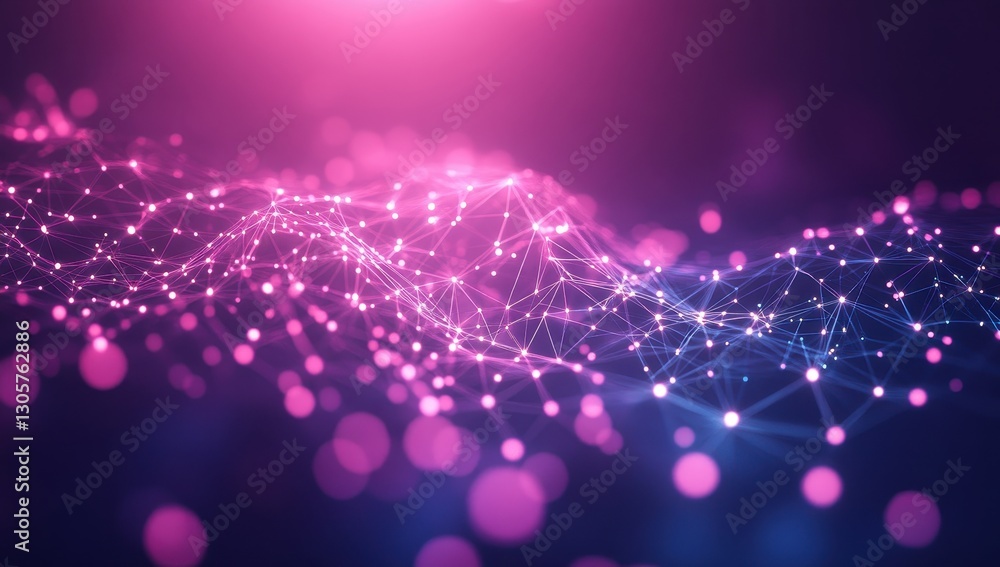 Poster abstract digital wave with glowing nodes and lines in shades of pink and blue, creating a mesmerizin