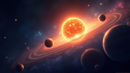 Vibrant and colorful solar system illustration with the sun at the center and planets scattered throughout  
