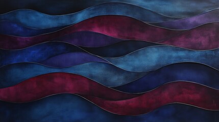 Deep indigo and maroon waves, moody and mysterious with glossy fluid transitions