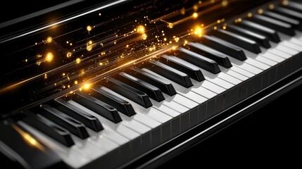 Elegant digital piano with a transparent AR display, showcasing sound layering options and virtual connectivity nodes, tech-driven creativity