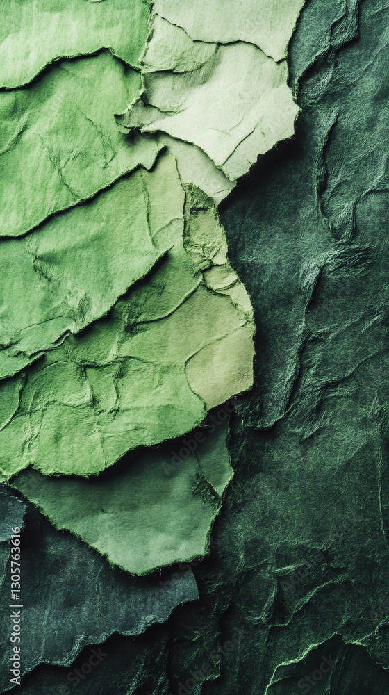 Poster Overlapping pieces of torn green handmade paper are creating a textured and abstract background with various shades of green