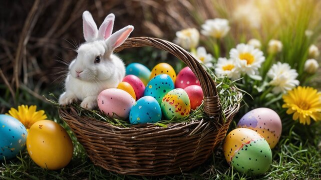 Due Cartoni Animati Coniglietti Pasquali Circondati Da Uova Di Pasqua Aie Generativa Cartolina Felice Illustrazione Conchiglie Image273218422