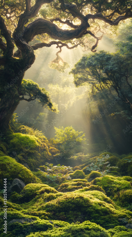 Poster Sunbeams are filtering through trees in a magical forest illuminating moss covered ground
