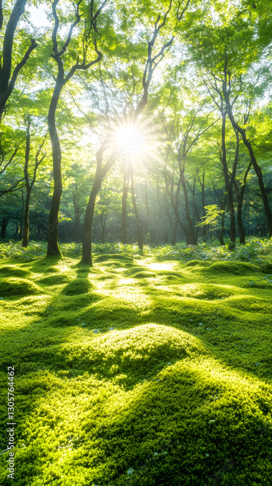Poster bright sunlight filters through trees, illuminating a vibrant green mossy forest floor, creating a t