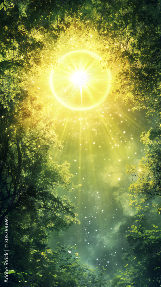 Poster sun shining through leaves in an enchanted forest, creating a magical and dreamy atmosphere