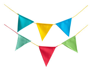 Colorful triangular pennant flags on string, vibrant decor. Celebration theme concept