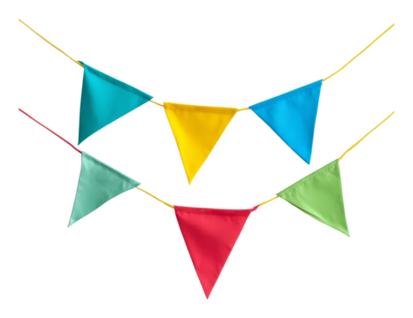 Colorful triangular pennant flags on string, vibrant decor. Celebration theme concept