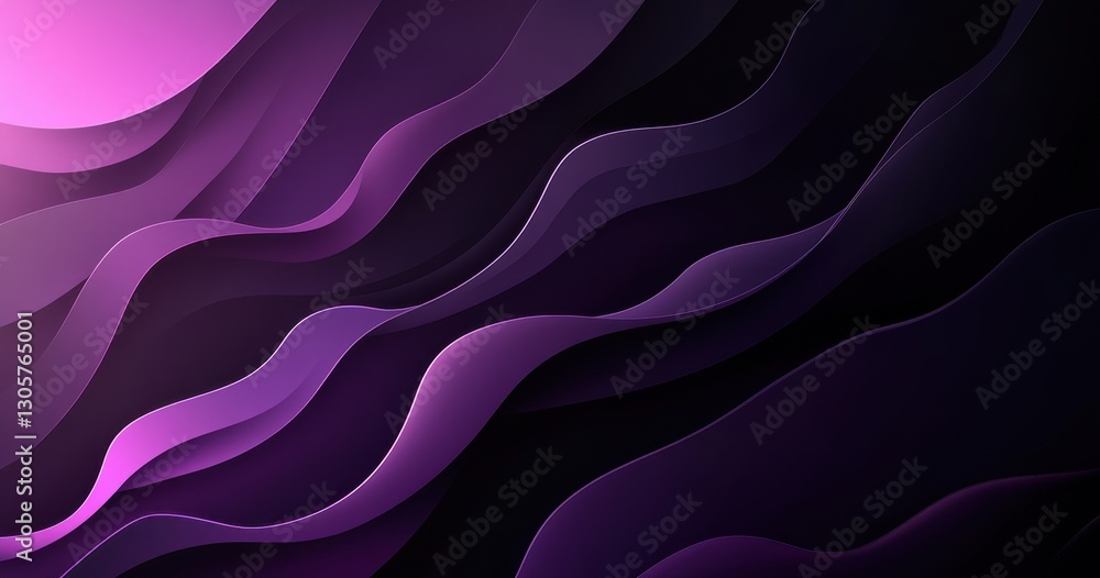 Poster abstract flowing waves in gradient shades of purple and black creating a dynamic and smooth visual b
