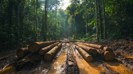 Obraz premium tree trunk on the floor of a forest, tree felling concept