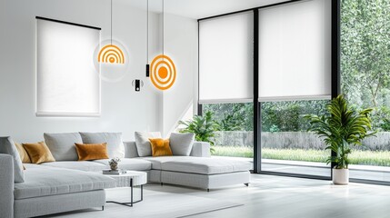 Sleek motorized roller blinds in a modern living room, sunlight streaming through, controlled via a smartphone, smart home automation concept