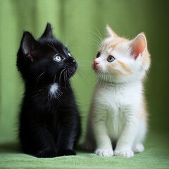 Cute black & orange kittens on green