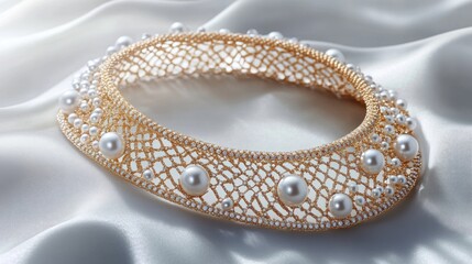 Obraz premium Radiant gold necklace with pearls and diamonds, artistically arranged on a satin background.