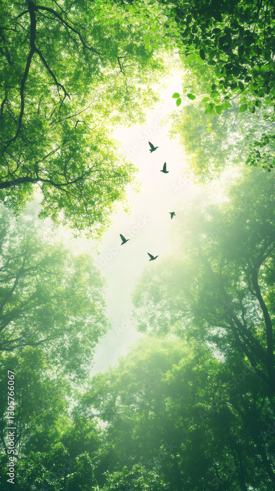 Poster sunlight filtering through verdant forest canopy, songbirds gliding across soft spring sky at dawn