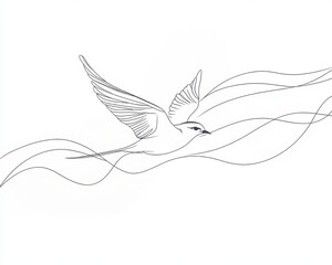 Fototapeta premium Single continuous line drawing of a swallow bird in flight, minimalist style, elegant and clean composition, modern art. Perfect for logos or posters, isolated on white background.