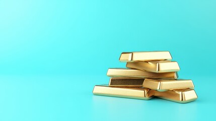 Fototapeta premium Small pile of gold bars elegantly positioned on a smooth baby blue backdrop.