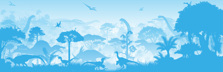 Vector tropical forest with Stegosaurus, Carcharodontosaurus, triceratops, Spinosaurus, styracosaurus, pyroraptor, Bactrosaurus, Gallimimus, Argentinosaurus, Brachiosaurus and pterodactyl © Save Jungle
