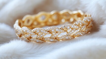 Shimmering gold bracelet with diamond detailing, softly resting on a soft beige fur cloth.