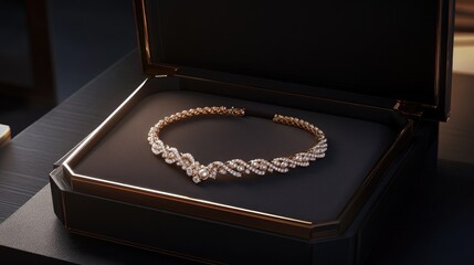 Shimmering gold necklace with pearls and diamonds, displayed inside a luxury jewelry box.