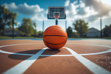 Naklejka premium stylized, cinematic featuring a sleek orange basketball outside at court. The ball is positioned centrally .
