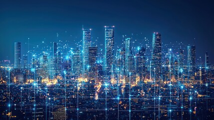 Futuristic cityscape at night, digital network, urban scene, aerial view, stock photo