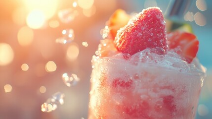 A refreshing drink featuring strawberries and ice in a close-up view.