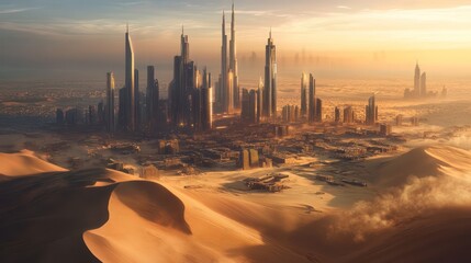 Futuristic cityscape surrounded by desert landscape during sunset hour