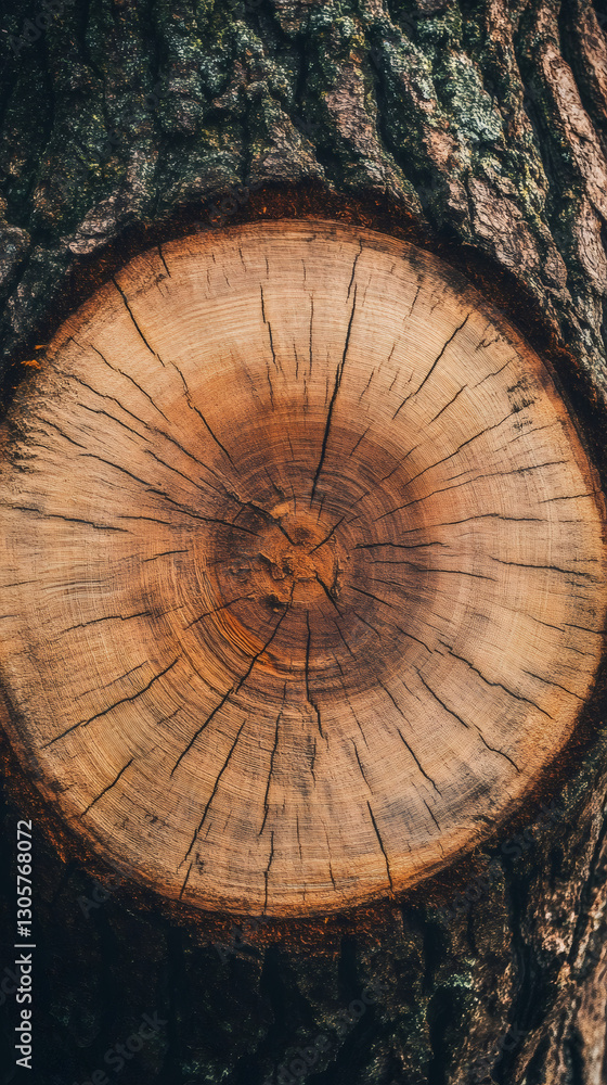 Aufkleber Weathered tree trunk cross-section displaying intricate growth rings, revealing woody patterns and natural aging process