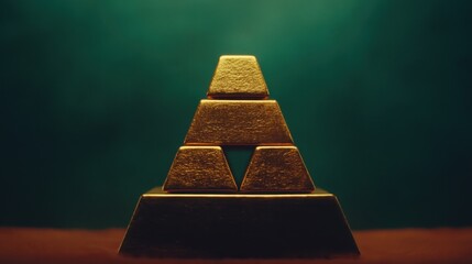 Three gold bars arranged in a pyramid formation on a rich emerald background.
