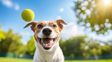 dog with goofy grin is playing fetch in sunny park, joyfully chasing tennis ball