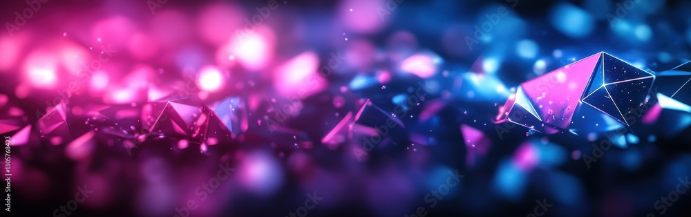 Poster abstract geometric shapes with vibrant colors, sparkling lights, and blurred effects create a dynami