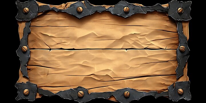 Rustic Wood Plank Sign with Forged Metal Trim and Rivets on Black Backdrop