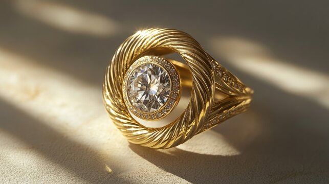 Stylish gold spiral ring with a radiant diamond, displayed under soft ambient lighting.