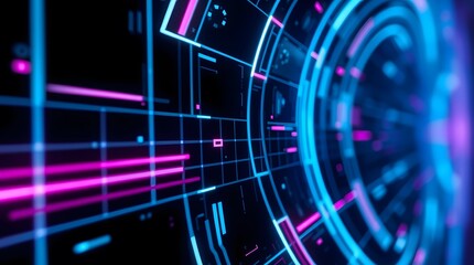 A high-tech futuristic digital interface with neon blue and pink cyberpunk elements. Sci-fi inspired HUD display with abstract circuits and glowing holographic elements for technology concepts.