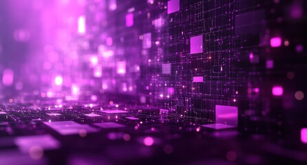 Abstract glowing purple and black background with shimmering squares and lines representing digital technology and futuristic design.