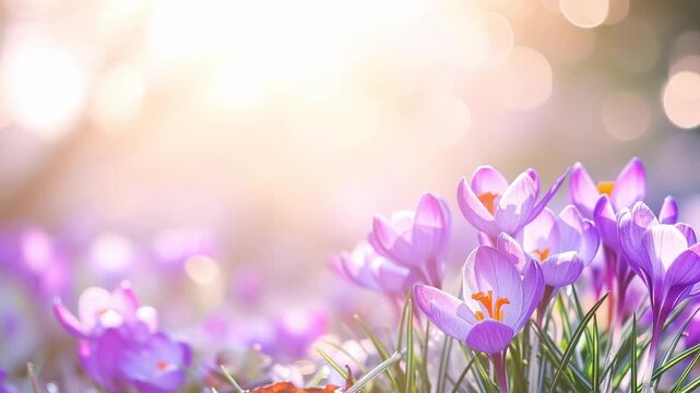 Vibrant purple crocus flowers in sunny spring garden with bokeh background
